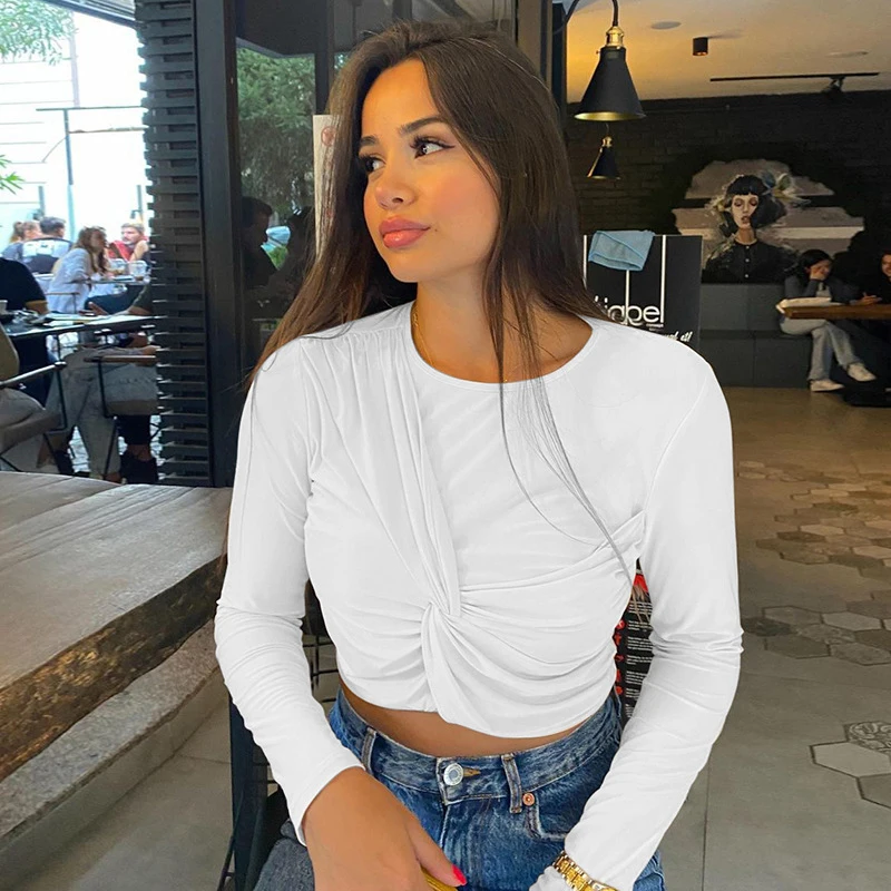 

2021 New Fashion Women Twist Knot Crop Tops Casual O-neck Long Sleeve Solid Slim T-Shirt Tops