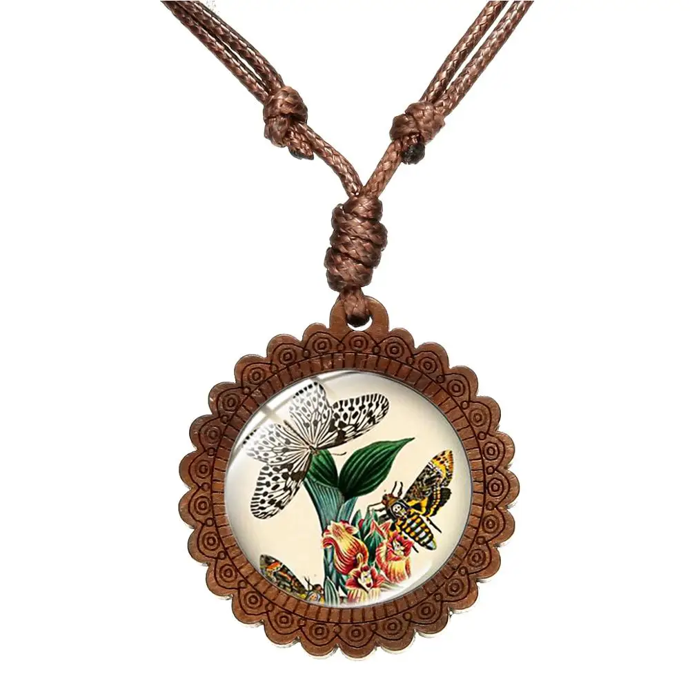 SIAN Vintage Blue Butterfly Wooden Necklace and Flower Pictures Charm Pendant Glass Dome Female Elegant Sweater Chain | Украшения и