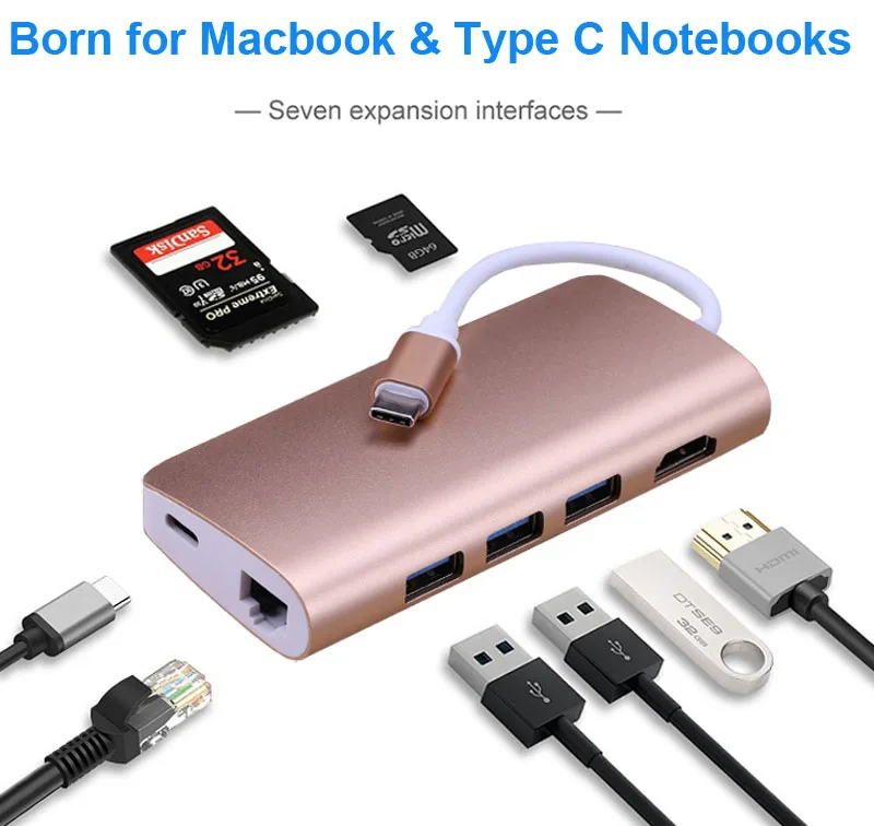8 в 1 USB Type C 3 OTG концентратор для Macbook ноутбука до 0/4K HDMI ТВ проектор/RJ45 Ethernet / SD TF