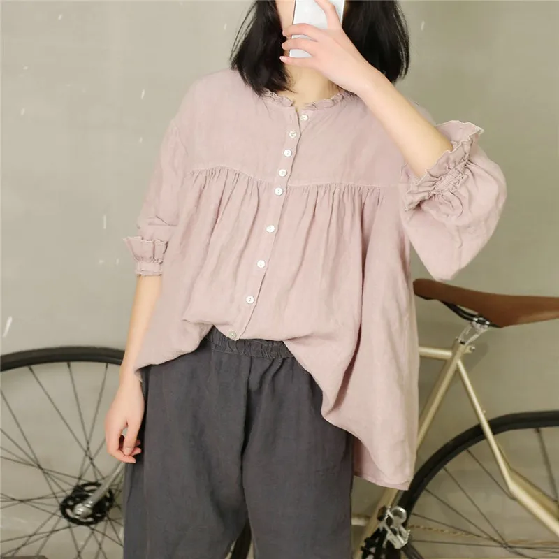 

Женская винтажная льняная блузка Johnature, однотонная Свободная блузка в японском стиле с оборками на воротнике, однобортная рубашка для лета, ...