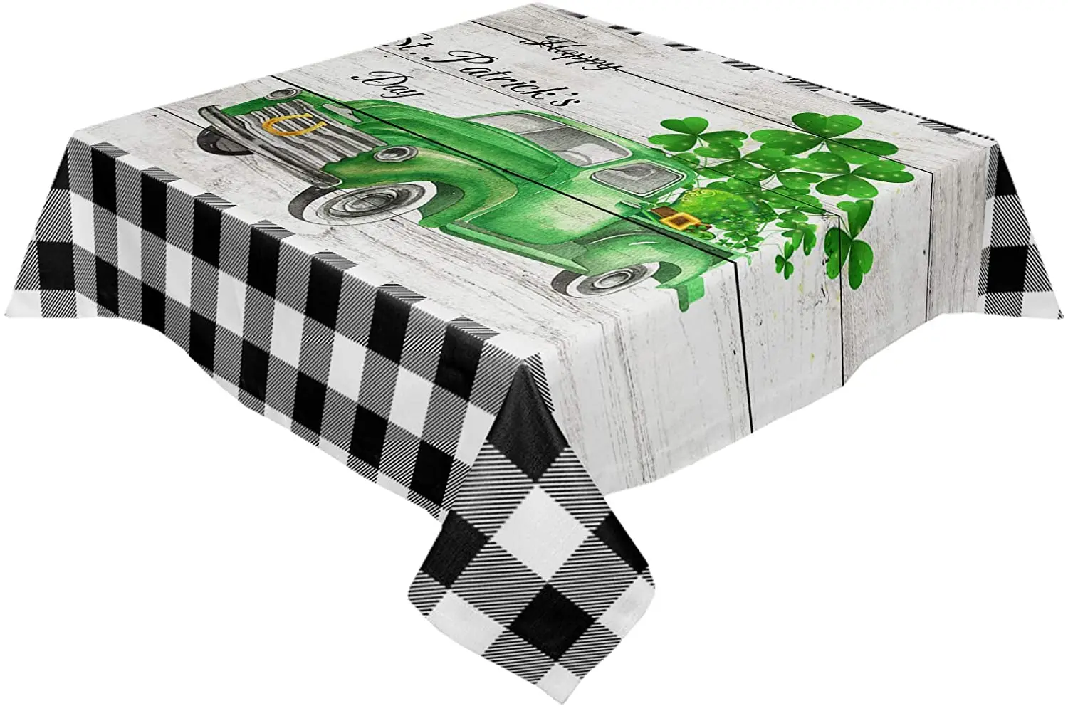 Happy Green Truck Shamrock Black Plaid Retro Wooden Burlap Table Cover