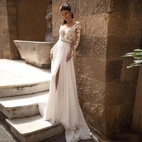 2021 summer chiffon slit wedding dress with long sleeves lace applique floor length a line civil bridal gown plus size vestidos