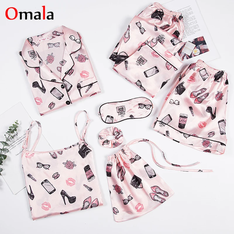 

Spring Summer Luxurious Women's 7 Pieces Pajamas Set Emulation Silk Striped Printed Pyjamas Women Sleepwear Sets Autumn Homewear
