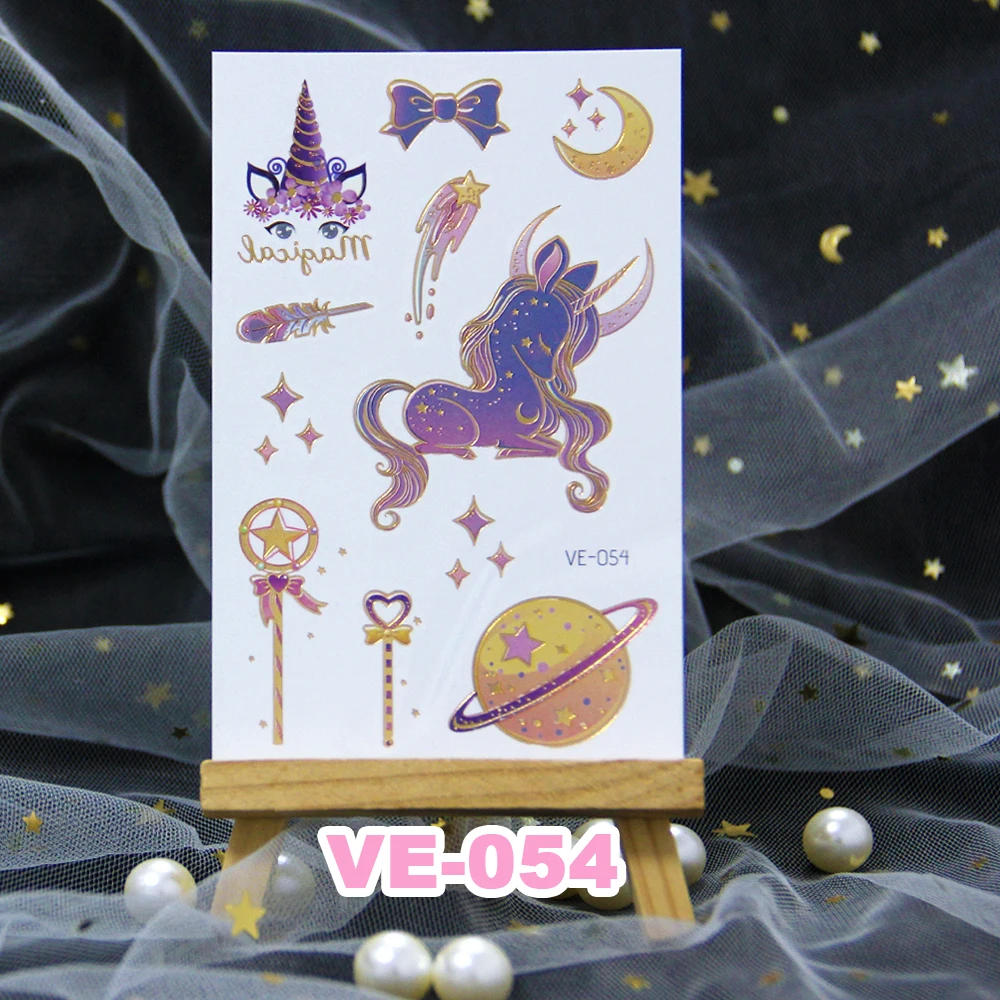 Мультяшный Радужный Единорог детская Татуировка Pegasus милые золотистые блестящие