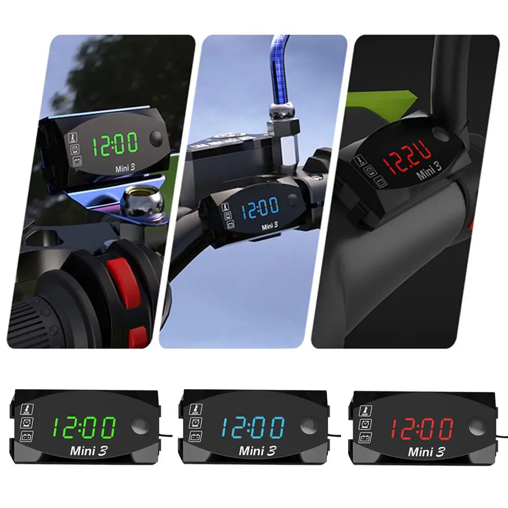 6V-30V Motorcycle Electronic Clock Thermometer Voltmeter Three-In-One IP67 Waterproof Dust-proof LED Watch with Universal Large |