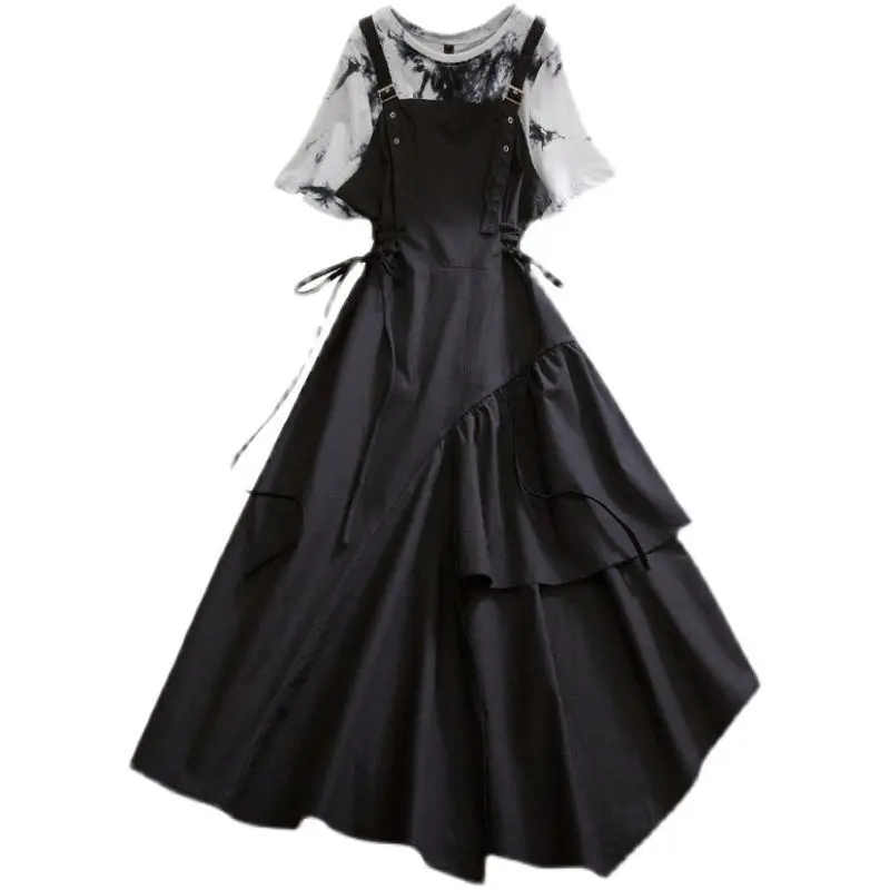 

Summer Women's New Style Irregular Skirt with Black Straps Is Thin Fashionable Design Dress and Printed T Shirt Two-piece Suit