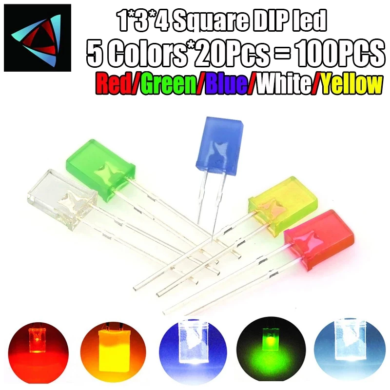 100 шт./лот 1*3*4 мм квадратный светодиодный комплект светоизлучающих диодов 1X3X4 светодиодный Диод красный желтый зеленый синий белый 5 цветов