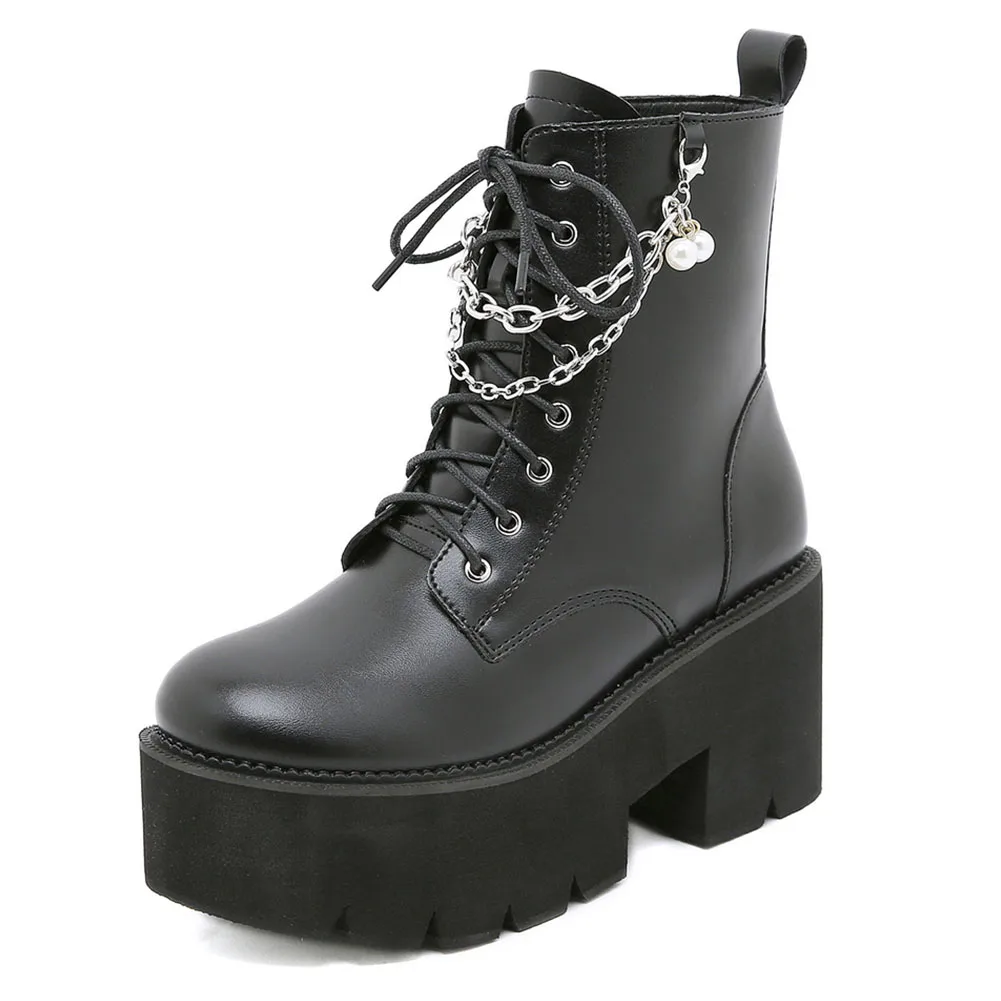 

Big Size 43 Ladies Ankle Boots Autumn Spring Platform Chunky High Heels Chain Bead Shoes Black Design Brand Short Boots Women