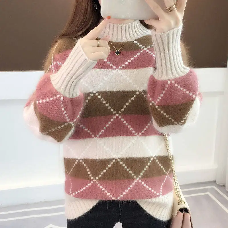 Turtleneck Warm Sweater Winter Ladies Striped Long-sleeved Large Size Round Neck Cashmere | Женская одежда