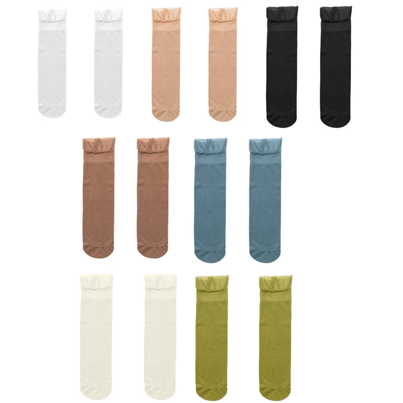 

649D Korean Women Summer Thin Silky Crew Socks Elegant Sweet Frilly Ruffled Solid Color Sheer Mesh Stitching Ankle Hosiery