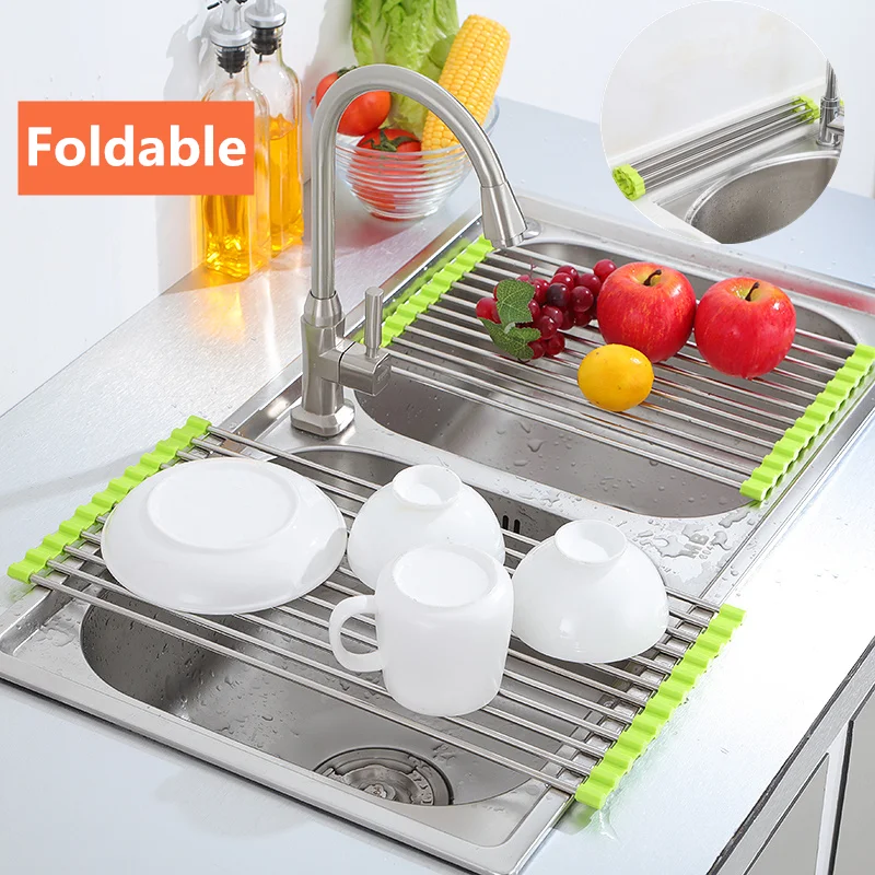 

Foldable Dish Drying Rack Multi-Use Kitchen Silicone Drainer Over Sink Fruit Vegetable Meat Organizer Tray Drainer Dropship
