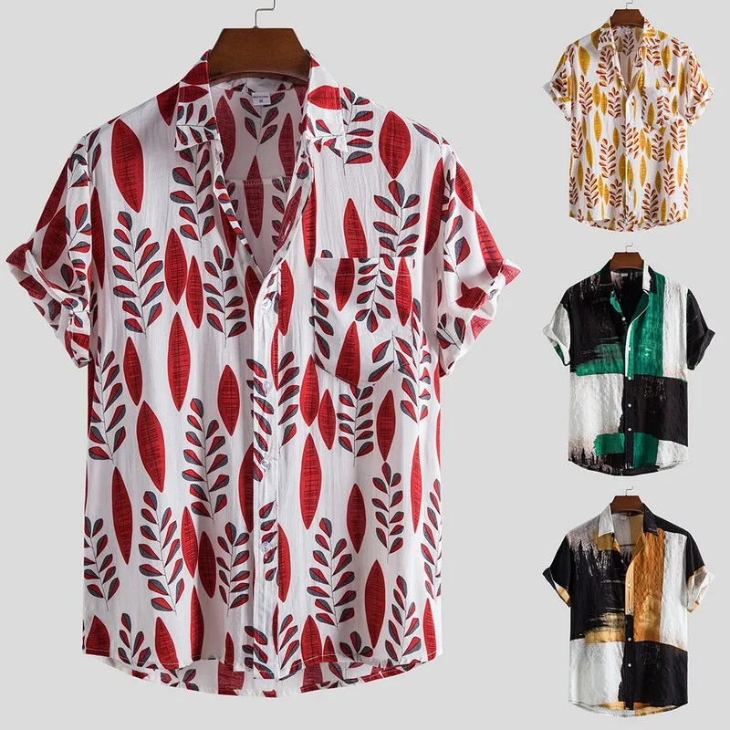 

Linen Short Sleeve Shirt Men Summer Floral Loose Baggy Casual Hawaii Holiday Beach Shirt Tee Tops Buttons Blouse National Style
