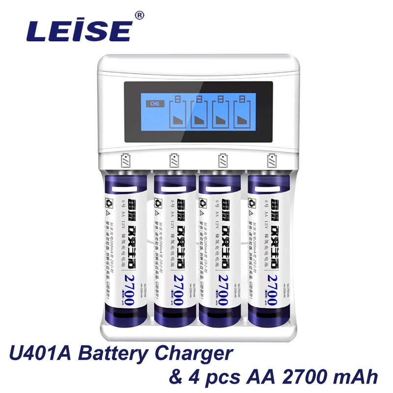 Leise зарядное устройство набор 4 шт. AA 2700mAh аккумуляторная батарея 1,2 V nimh+ зарядное устройство U401A для nimh AA AAA с usb-кабелем