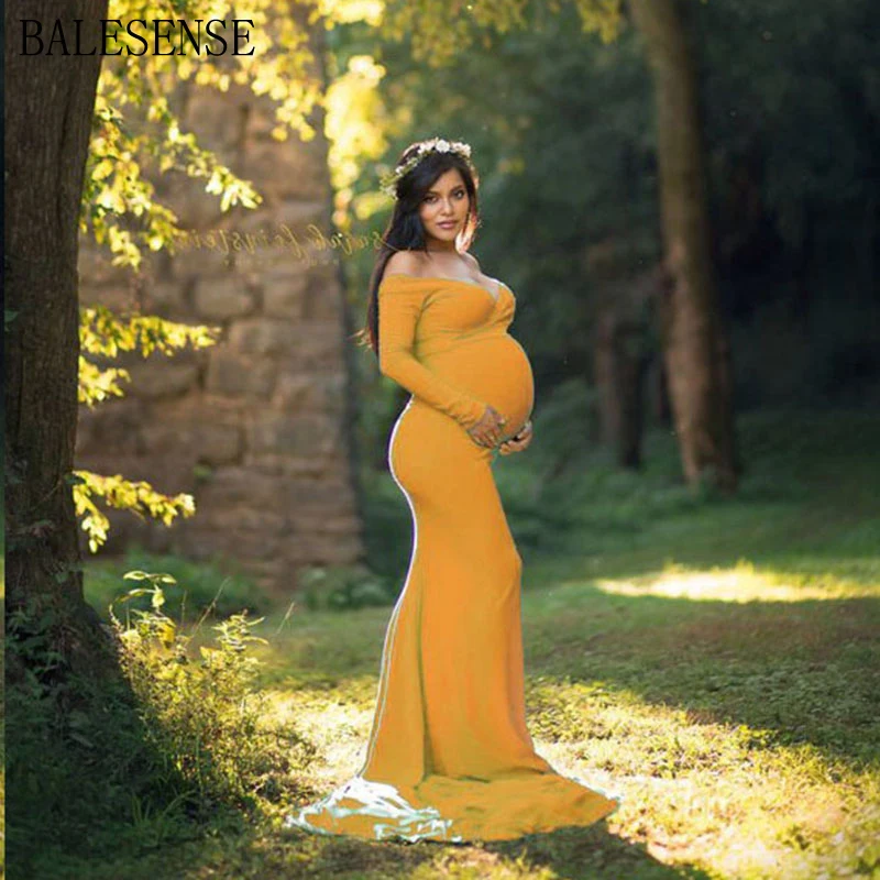 

Long Sleeve Maxi Maternity Dress for Photo Shoot Elegant Fitted Gown Pregnancy Dress for Baby Shower Women Photography Prop 2020
