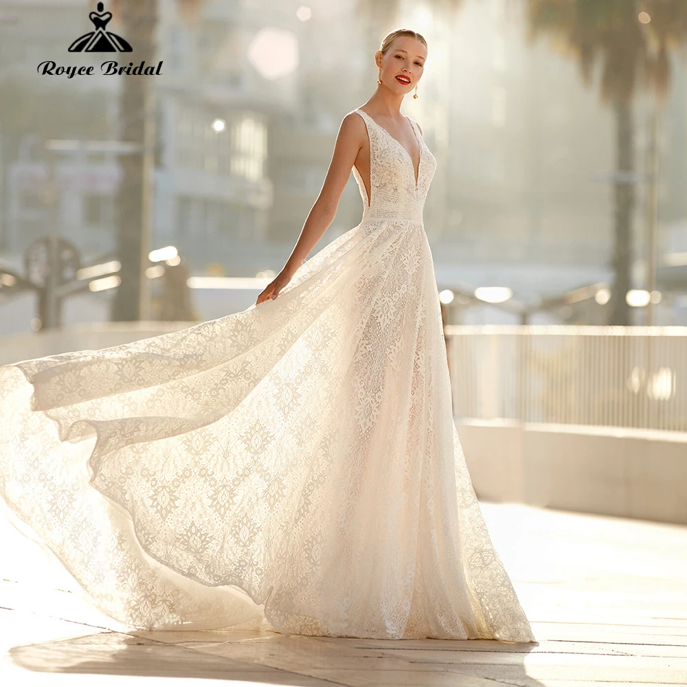 

Vintage Full Lace A Line Wedding Dresses Deep V Neck Backless Wedding Gowns High Quality Cheap Wedding Bridal Gowns