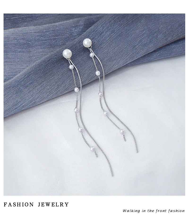 

2021 fairy Stud earrings accessories Korean temperament long exaggeration pendant simulated pearl tassel line Women's earrings