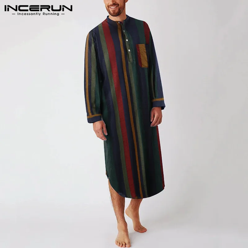 INCERUN Vintage Striped Sleep Robes Men Fashion Long Sleeve Sleepwear Stand Collar Buttons Nightgown Man Loose Cotton Bathrobes