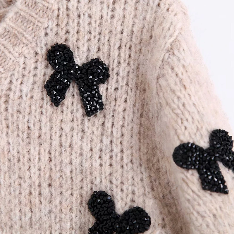 Женские милые вязаные свитера с бисером и галстуком бабочкой тянущиеся пуловеры