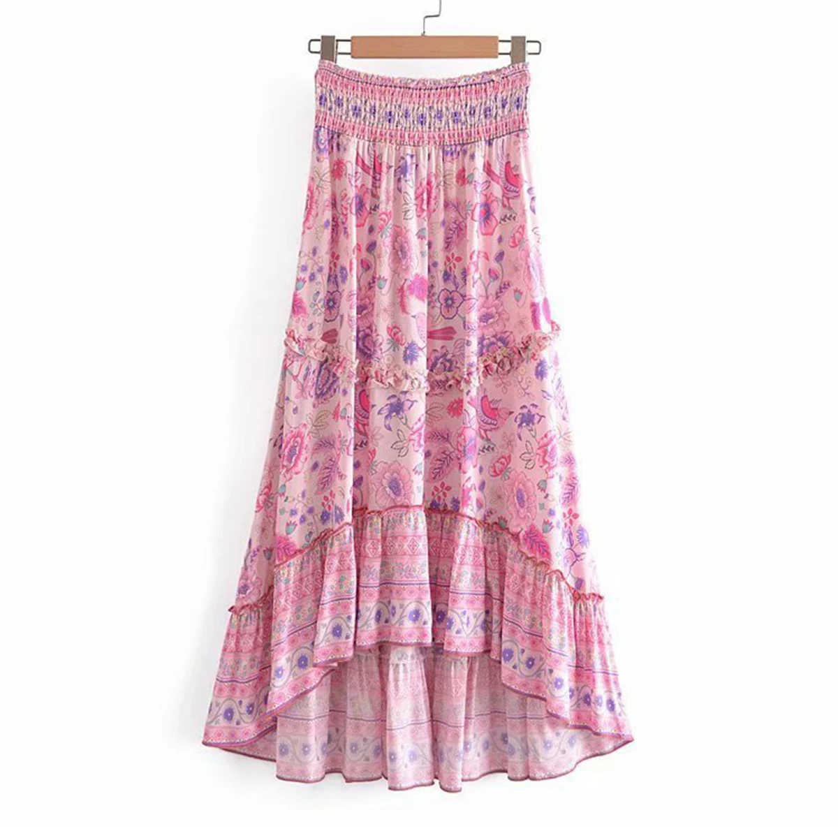 

Jastie 2021 Summer Women's Skirts Elastic High Waist Hem Ruffles Floral Print Long Skirt Bohemian Beach Prom Hippie Casual Skirt