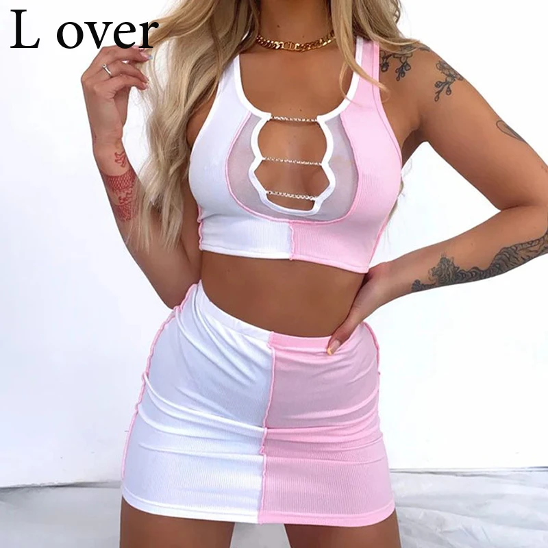

Fashion Women's Skirt Knitted Suit Sexy Chain Lace Up Hollow Out High Waist Mini Skirt Casual Two Piece Set Female Clothes Set