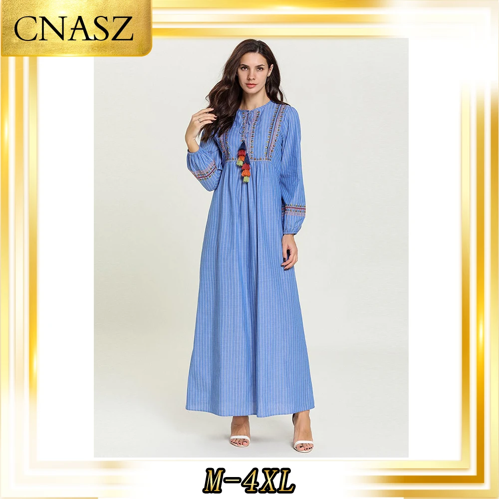 Abaya турецкий кафтан модное простое осеннее синее Полосатое вышитое повседневное