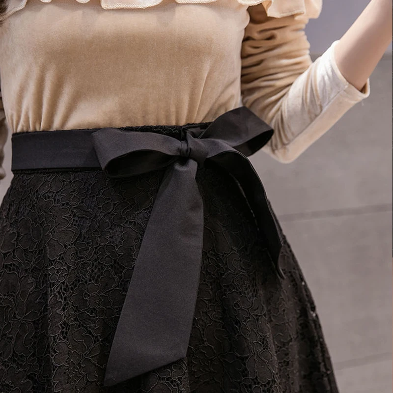 Женская кружевная юбка с завышенной талией до колена|Женские юбки| |