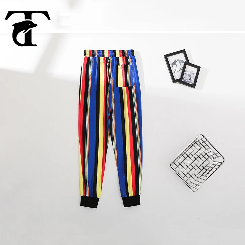 

Мужские брюки-султанки на молнии с нахлыстом и карманами, 2020, корейские повседневные полосатые брюки с принтом, синие свободные мужские лет...