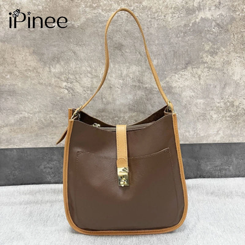 iPinee Design Genuine Leather Shoulder Bag For Women Fashion Shell Handbag Ladies Daily Cowhide Crossbody Messenger Purse