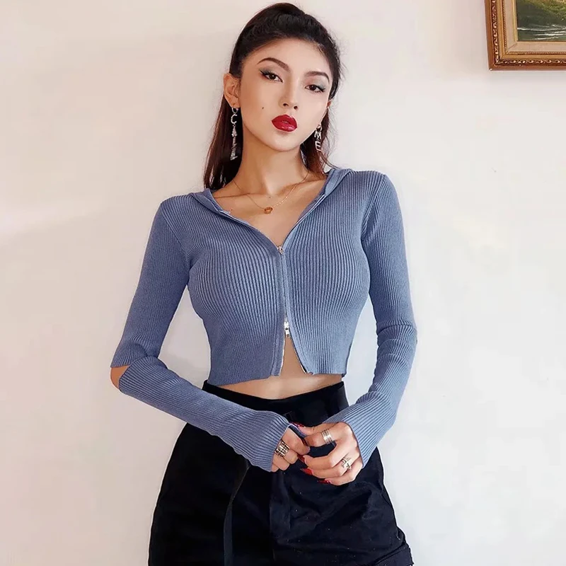 

2021 Весна Для женщин однотонные Цвет с капюшоном и застежкой-молнией с двойным рукавом выдолбленные короткий вязаный Топ