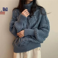 2021 autumn and winter women clothes new loose turtleneck hemp flower solid color knitted sweater pullover female top casual