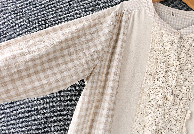 

2020 New Autumn Woman'S Cotton Dress Mori Girl Literary Lace Stand Collar Long Sleeve Plaid Loose Patchwork Long Dresses Woman