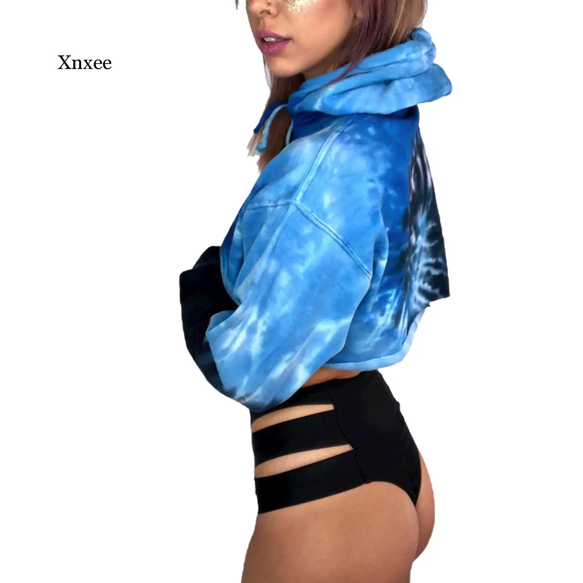 

Women Short Tie Dye Hoodie top biker pink Long Sleeve Sweatershirt With Drawstring Casual Style Pullover Top Long Sleeve Hooded