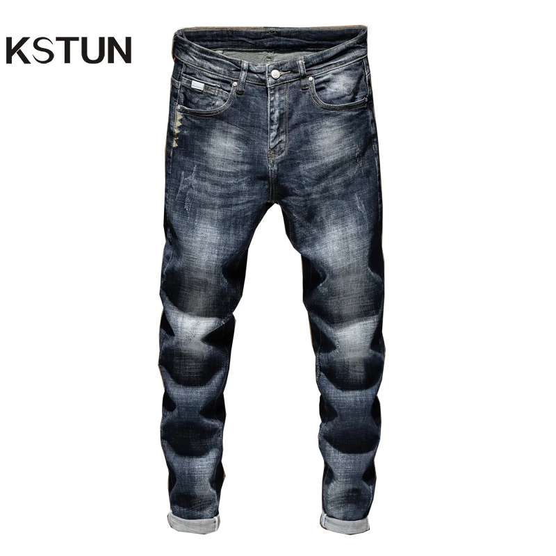 Мужские джинсовые брюки KSTUN облегающие Стрейчевые темно синие повседневная