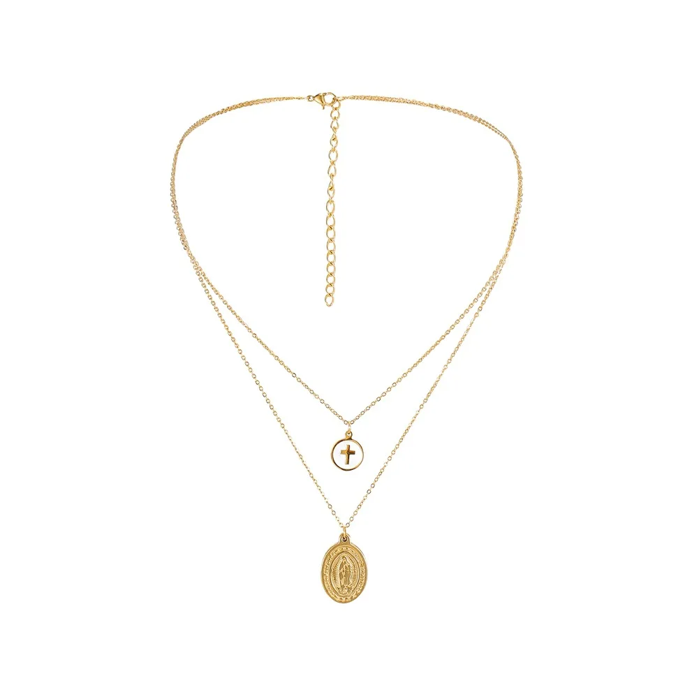 

Popular Simple Cross Oval Pendant Two Layers Necklace Stainless Steel Gold Plated Color Jesus Coin Chain Choker