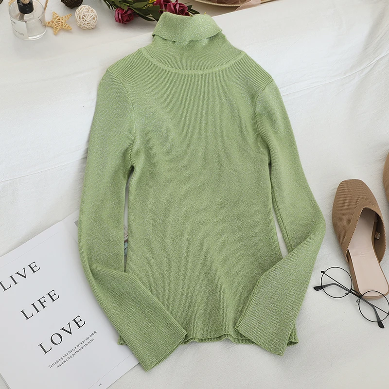 SINGRAIN Блестящий свитер с высоким воротом Женский трикотажный люрексом модные