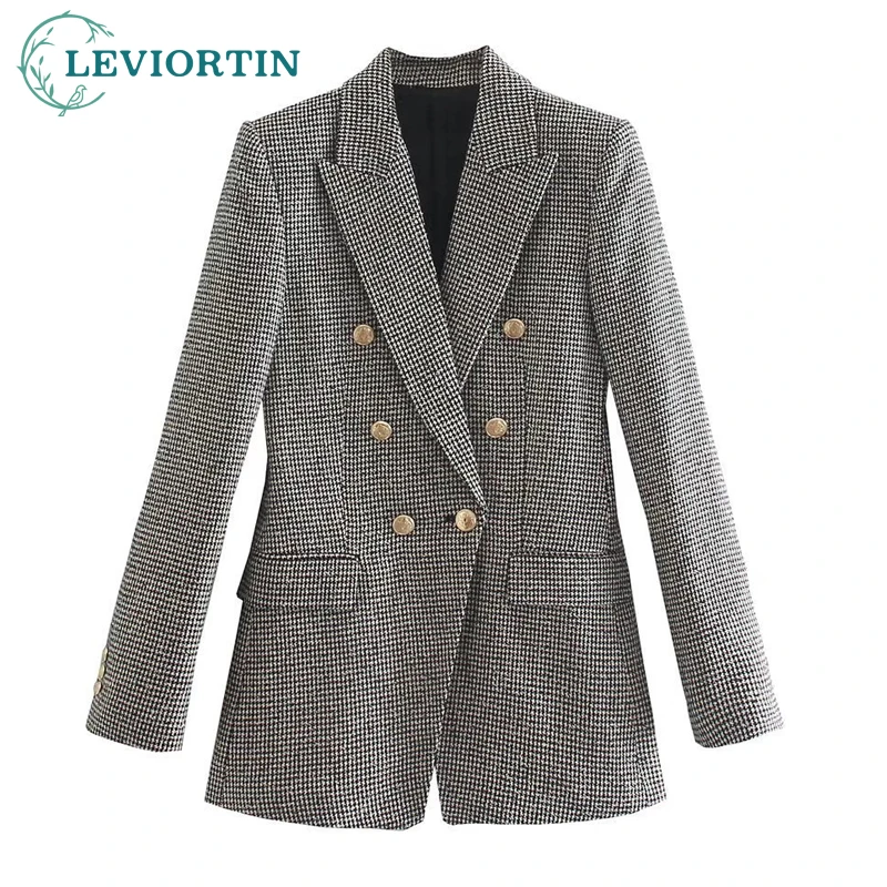 

LEVIORTIN Women Houndstooth Fitted Blazer Coat Vintage Long Sleeve Flap Pockets Female Outerwear Chic Veste Femme