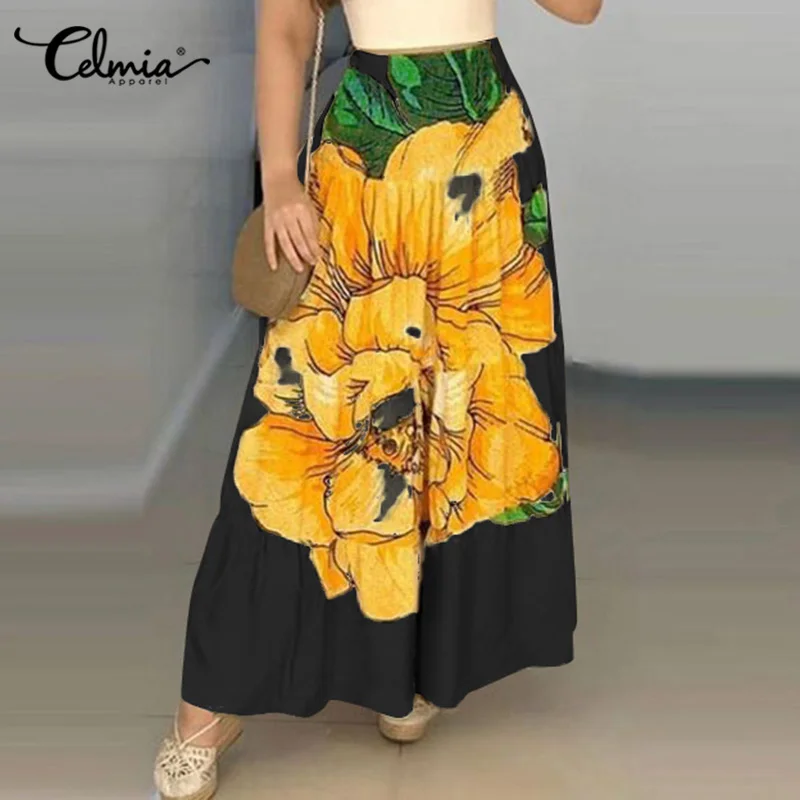 

Летняя женская длинная юбка Celmia 2021, модная плиссированная Повседневная Свободная богемная пляжная длинная юбка с цветочным принтом и высок...