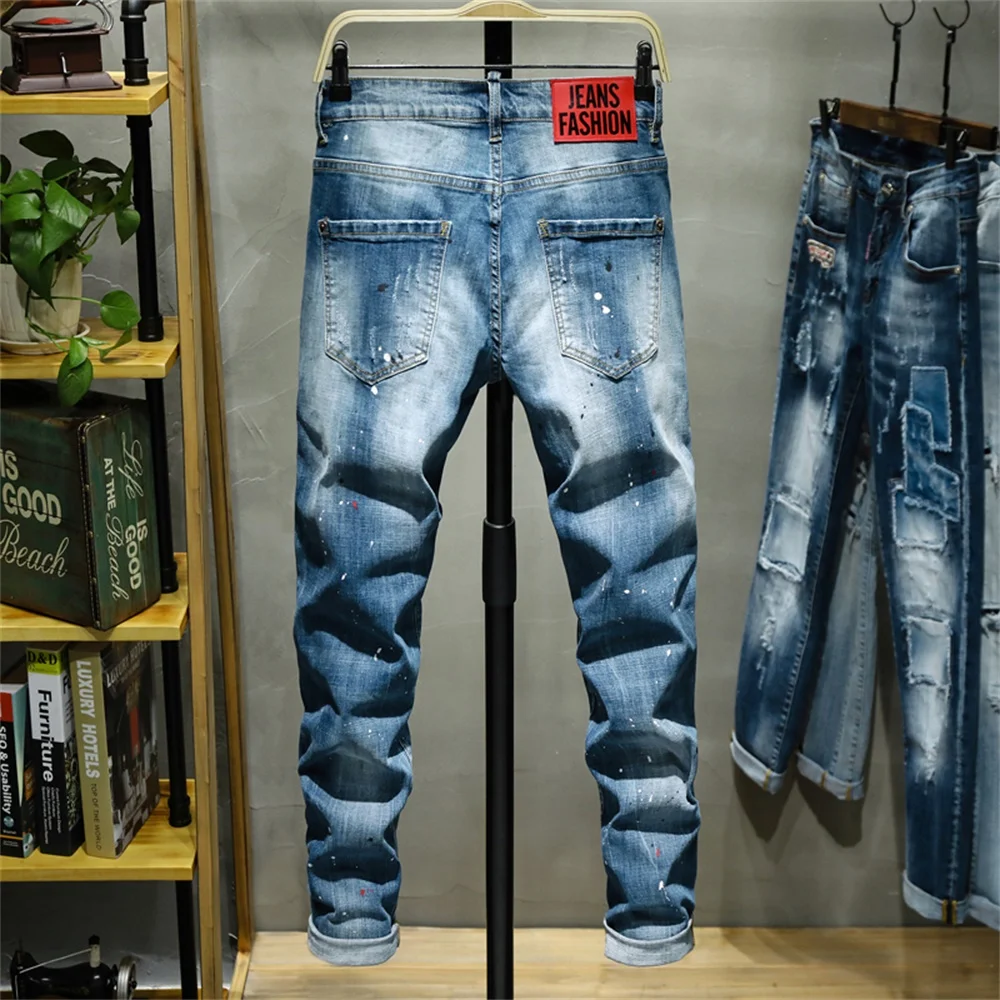 EH · MD® Paint Splashing Jeans Men's Hole Micro-chapter Embroidery Soft Cotton Elastic Leather Label Slim Pants Red Ears 2022