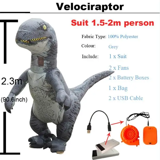 Velociraptor Мир Юрского периода взрослый Велоцираптор Костюм надувной T REX Raptor костюм Косплей динозавр вечеринка Хэллоуин костюм для женщин и мужчин - Цвет: Velociraptor
