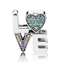 genuine 925 sterling silver charm rainbow word love with multi colored cryatal beads fit pan bracelet necklace jewelry