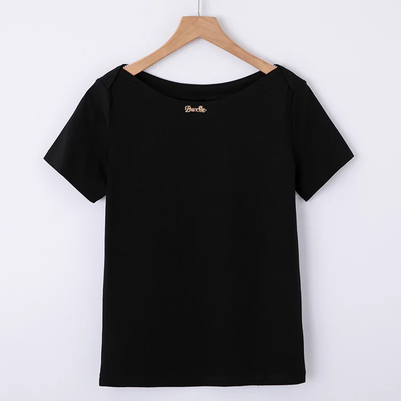 

Solid color T-shirt women's one line collar Korean summer 2021 new short sleeve slim large Pullover women's top 6723