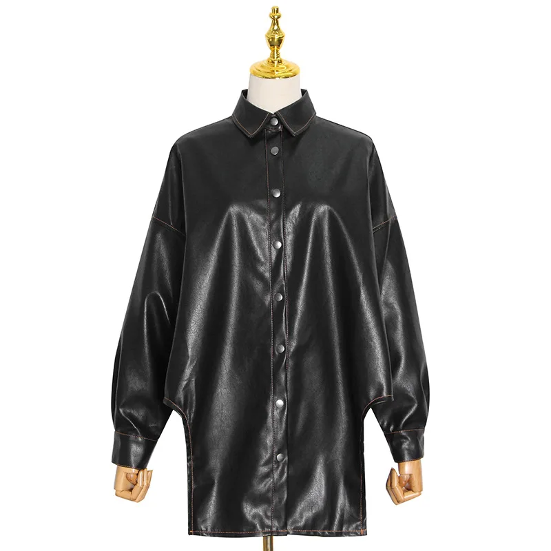 

The winter of 2021 the new fashion handsome street single-breasted loose PU leather jacket coat lapels