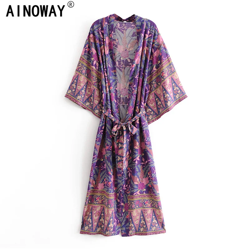 Винтажное шикарное женское фиолетовое богемное кимоно с цветочным принтом и