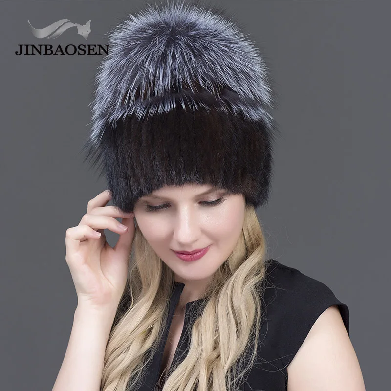 JINBAOSEN/женская вязаная норковая меховая шапка стильная женская с помпон из