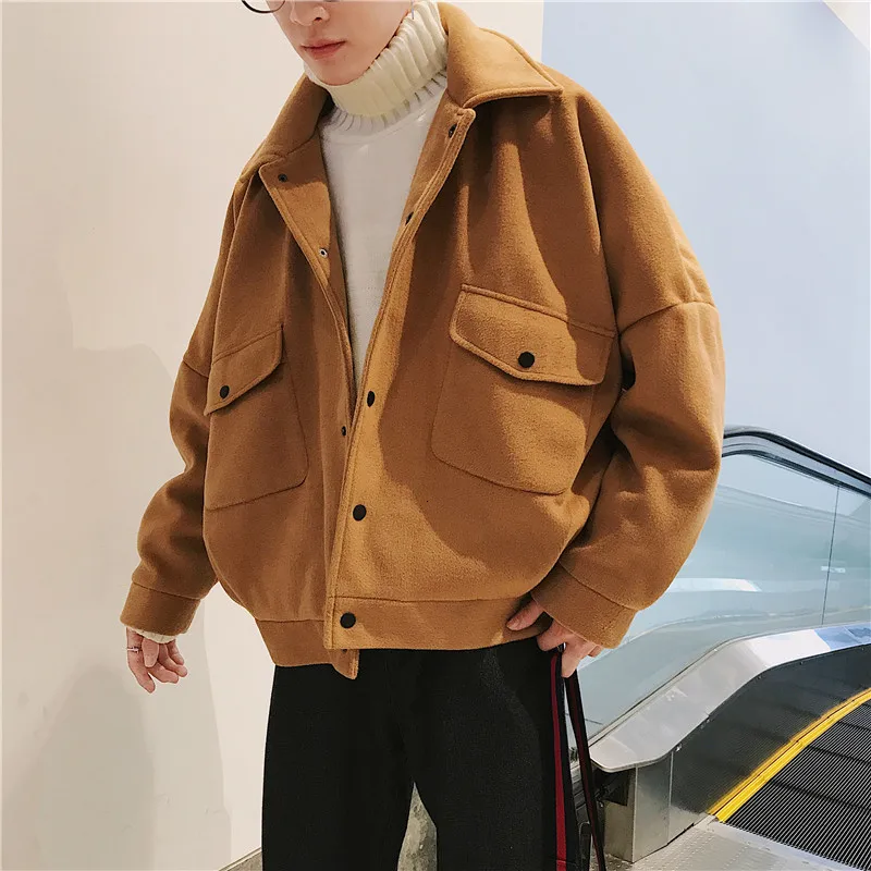 light brown Короткая мужская шерстяная куртка модная однотонная повседневная мужская куртка уличная дикая свободная британская ветровка шерстяная куртка мужская одежда M-2XL - Цвет: light brown