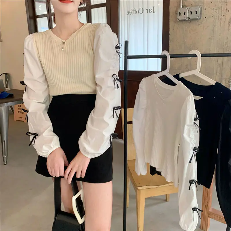 

Knitted Long Sleeve Shirt Women Autumn Fashion 2021 New Bow Design Puff Sleeve Top Female Pullover Elegant Blouse Y2k Streetwear