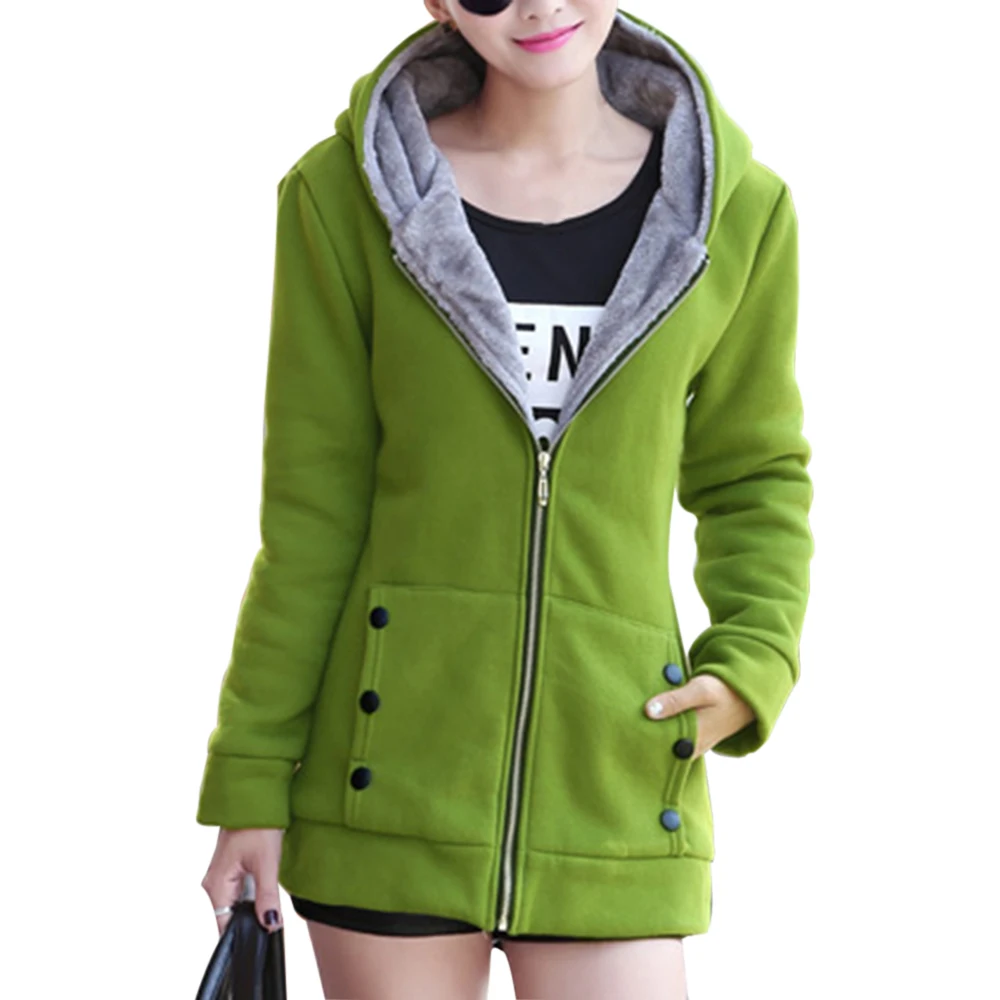 green vertvie winter jacket women solid hooded thick fleece casual jacket female fashion slim plus size coats streetwear jackets Mujer - Color: green