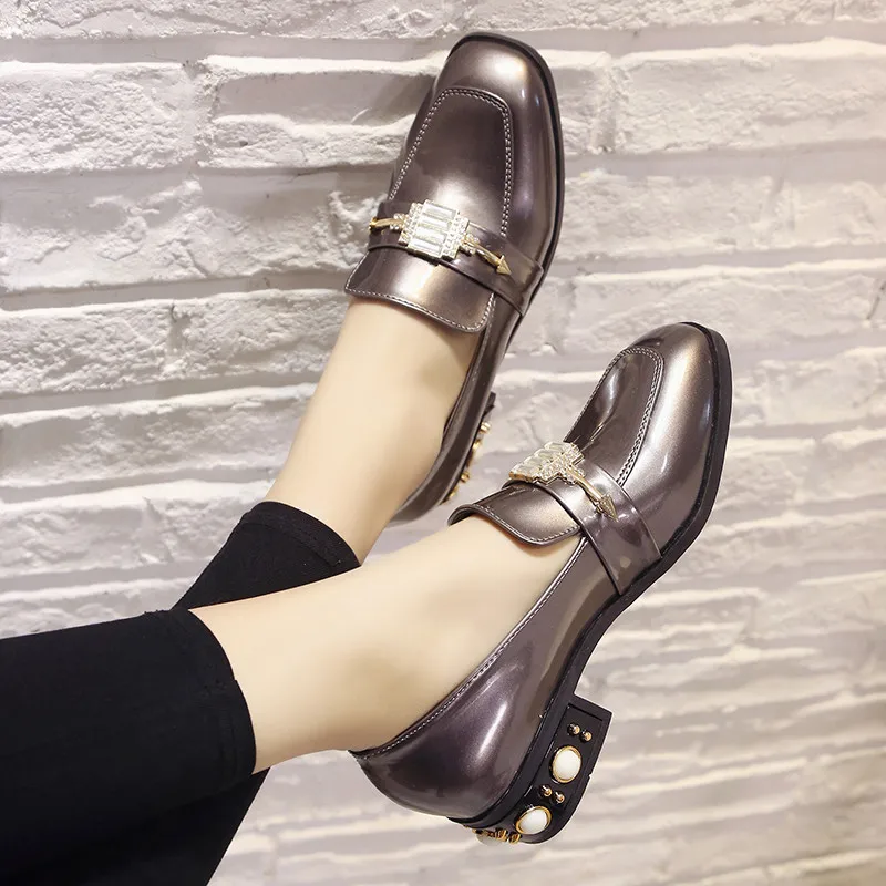 Pearls Small leather shoes woman glitter crystal square toe flats loafers designer studs thick heels oxfords slip on derby | Обувь