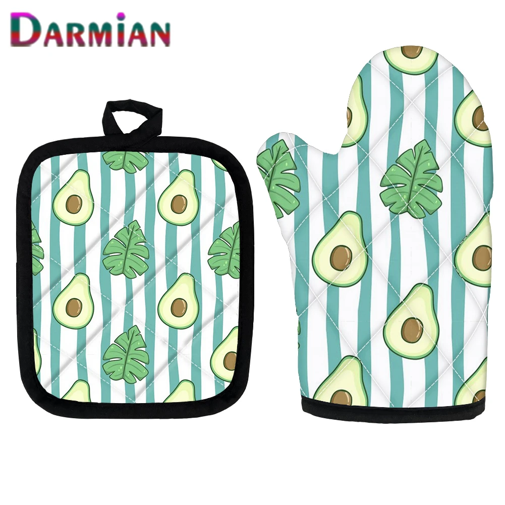 

DARMIAN Kitchen 2Pcs Gloves for Cooking Avocado Print Microwave Baking Gloves Heat Resistant Non-Slip Grill Mitts and Potholder