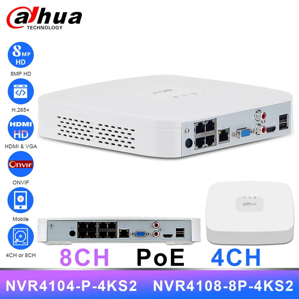 Dahua 4 к PoE NVR 4CH NVR4104 P 4KS2 8CH NVR4108 8P с 4/8CH H.265 CCTV видео Регистраторы Поддержка 2 SDK